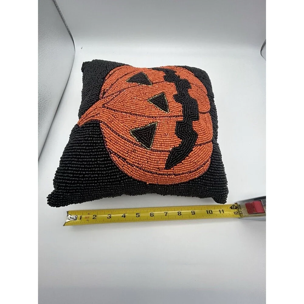 Beaded Jack O’Lantern Pumpkin Pillow 12x12 Handmade Halloween Decor Heavy
